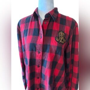 Ralph Lauren Red Black Buffalo Plaid Button Up Shirt Embroidered Patch Logo